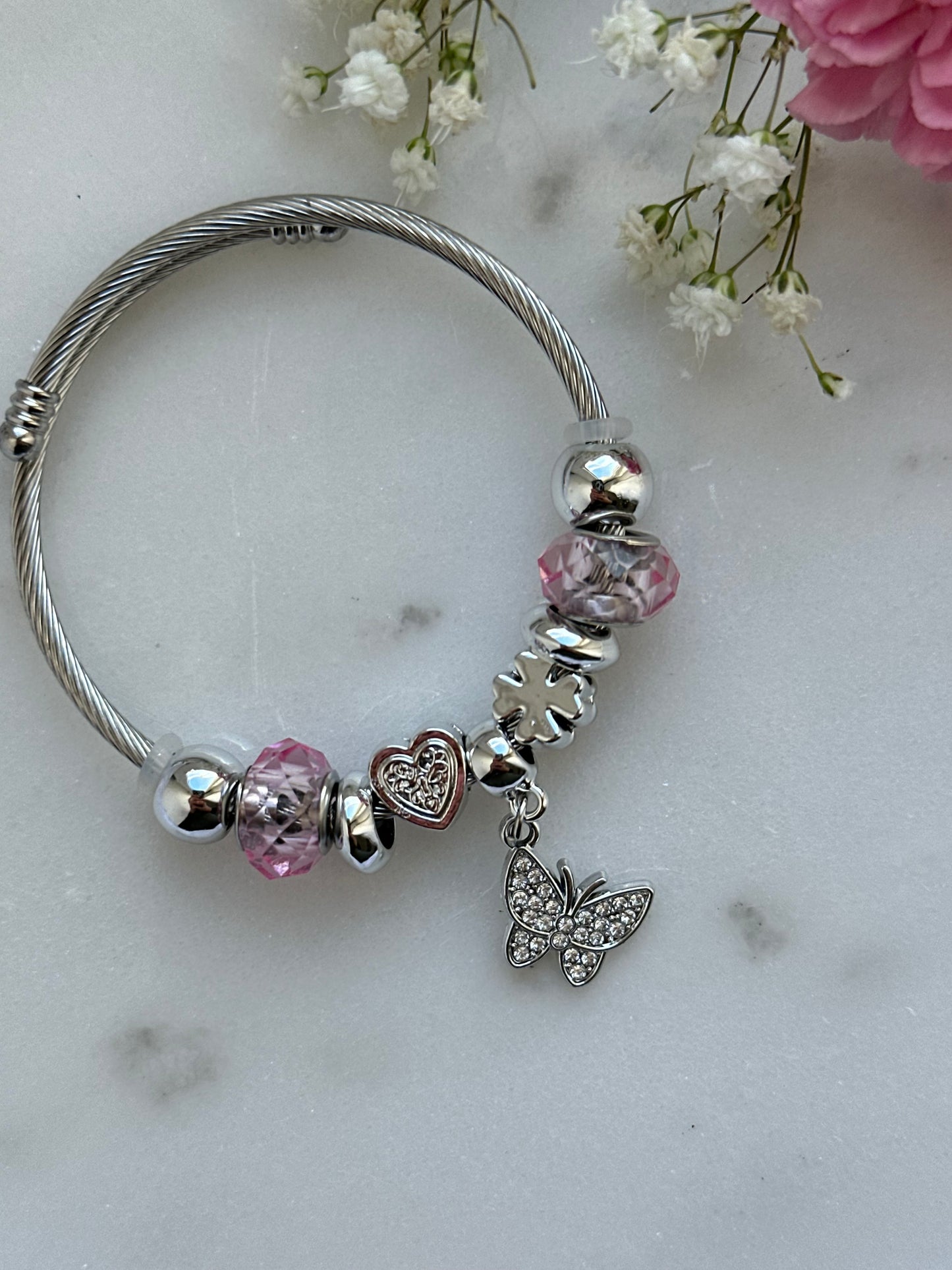Charms Armband mit Silbernen Charms - Rosa - 10617