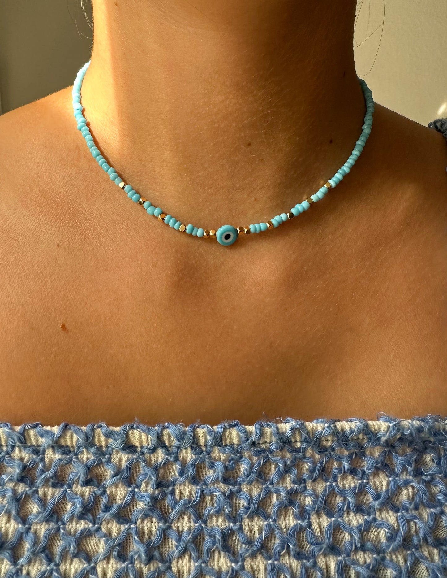 Perlenkette chocker blau mit Nazar - 10113