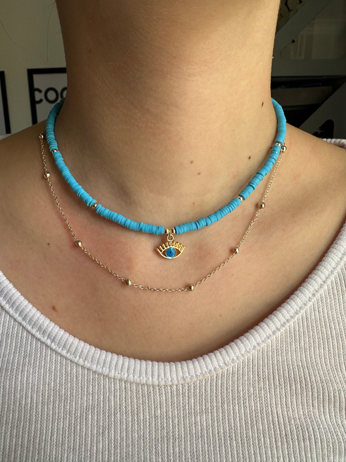 Perlenkette mit Blauen Fimo Perlen und Nazar Anhänger - 10122