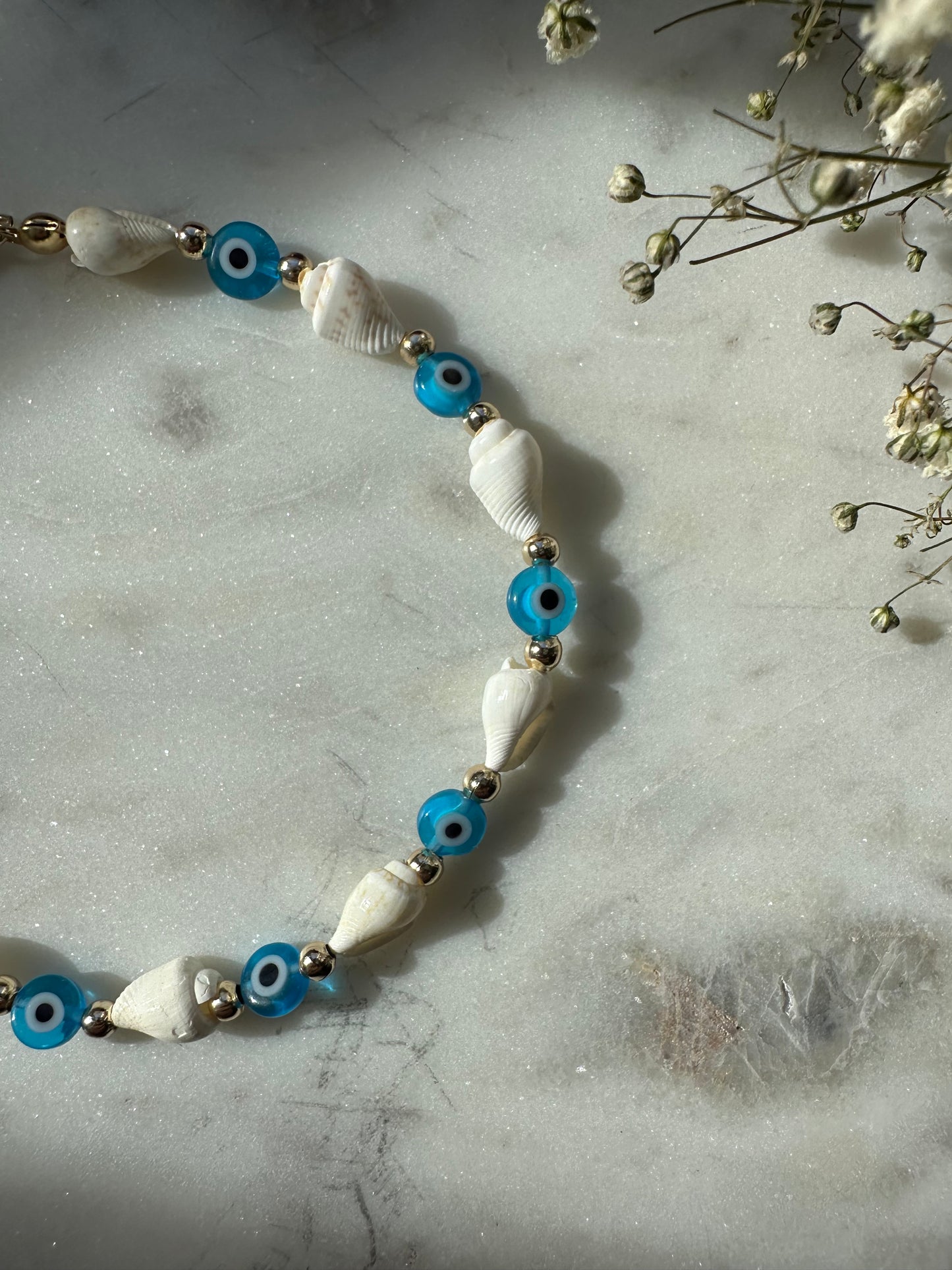 Fußkette mit Muschel Perlen und Nazar Perlen - 10096