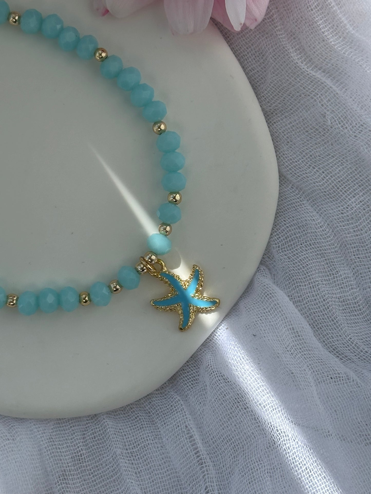 Fußkette mit Blauen Kristallperlen + Muschel Anhänger - 10693