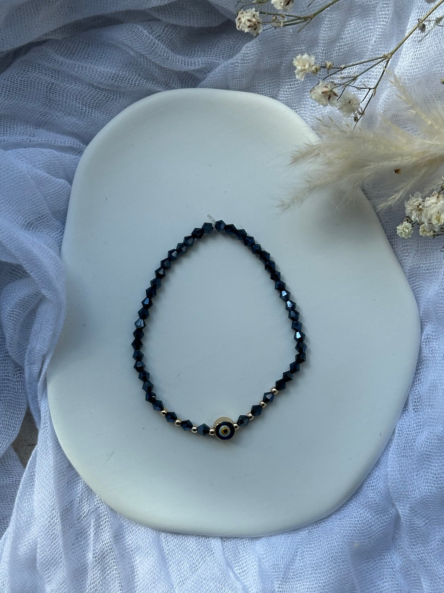 Perlenarmband mit Blauen Kristallperlen + Nazar / Evil eye Anhänger - 10680