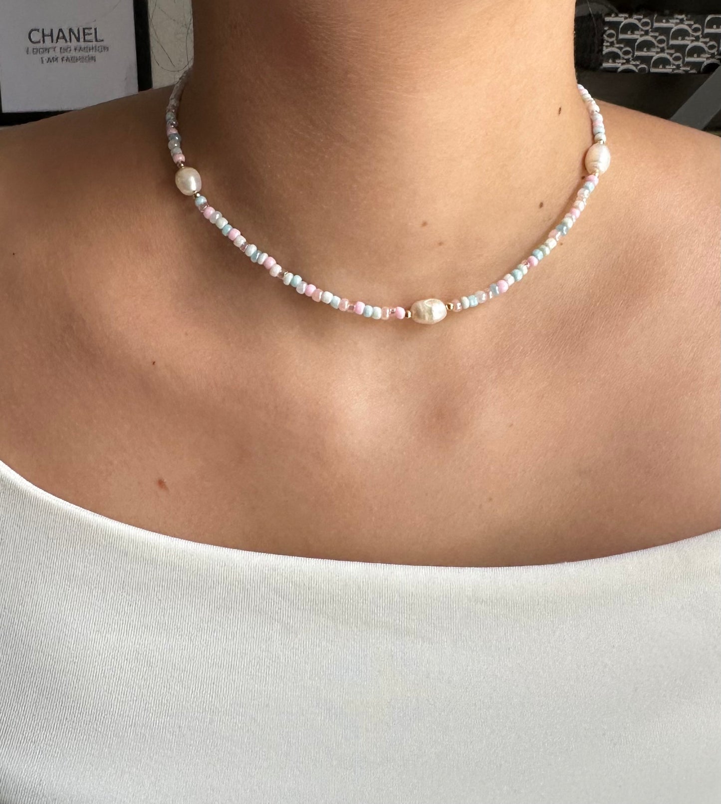 Perlenkette bunt mit Pastellfarben und Süßwasserperlen - 10166