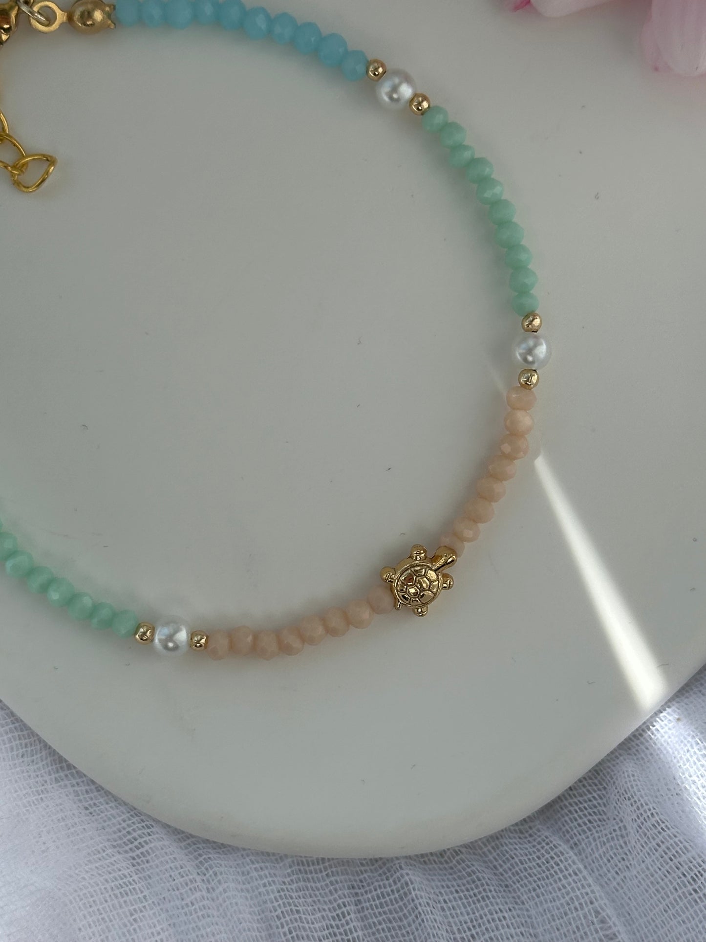 Fußkette mit Bunten Kristallperlen + Schildkröten Anhänger - 10692