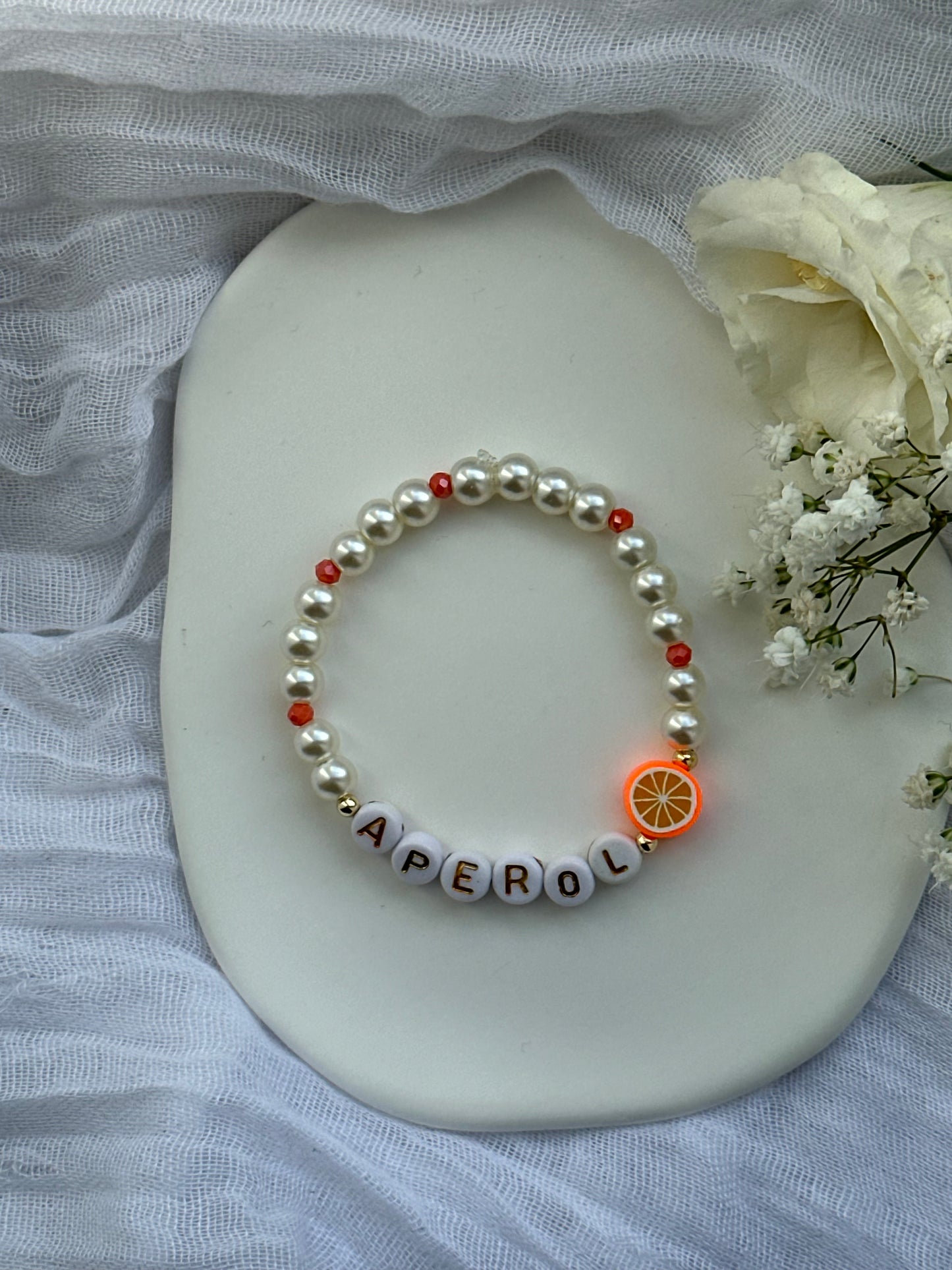 Perlenarmband Aperol - mit Beigen Perlen und Orangen Kristallperlen - 10583