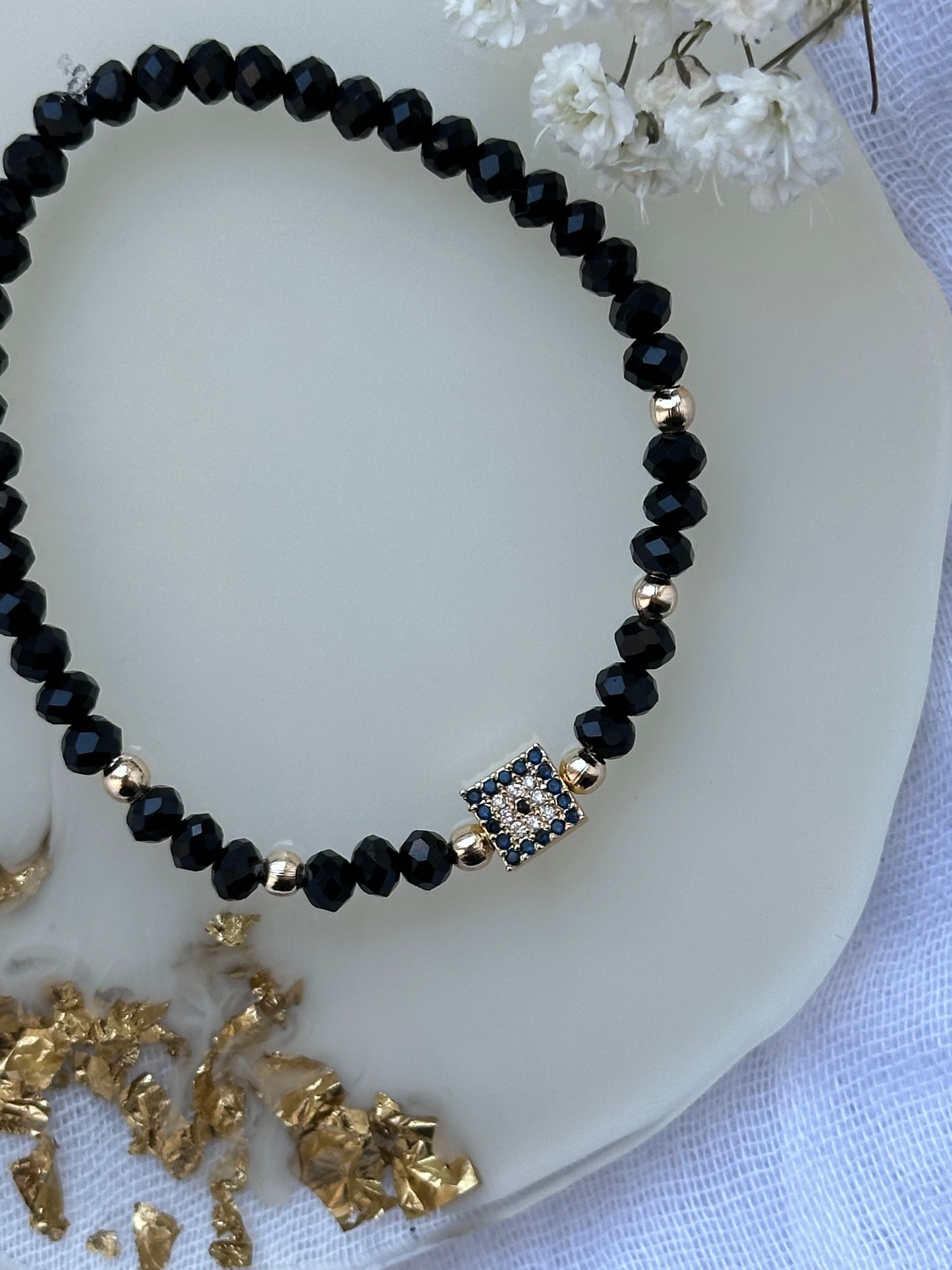 Perlenarmband mit Schwarzen Kristallperlen und Nazar / Evil eye Anhänger - 10507