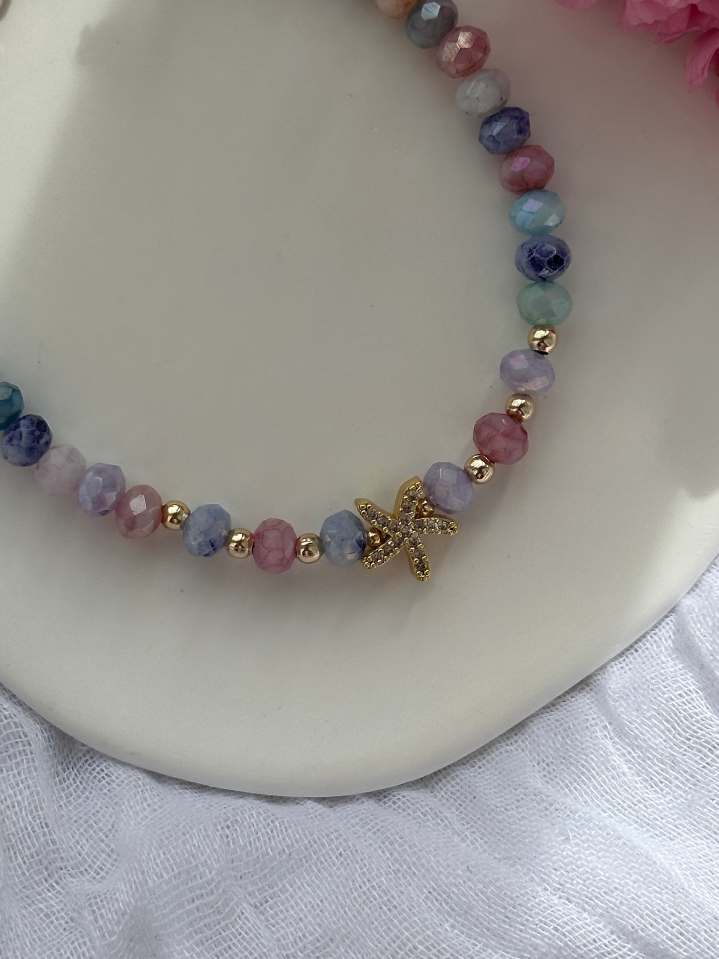 Fußkette mit Bunten Kristallperlen + Seestern Anhänger - 10601