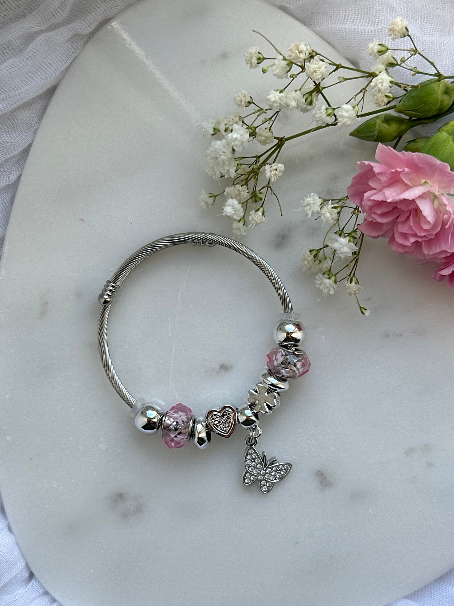 Charms Armband mit Silbernen Charms - Rosa - 10617