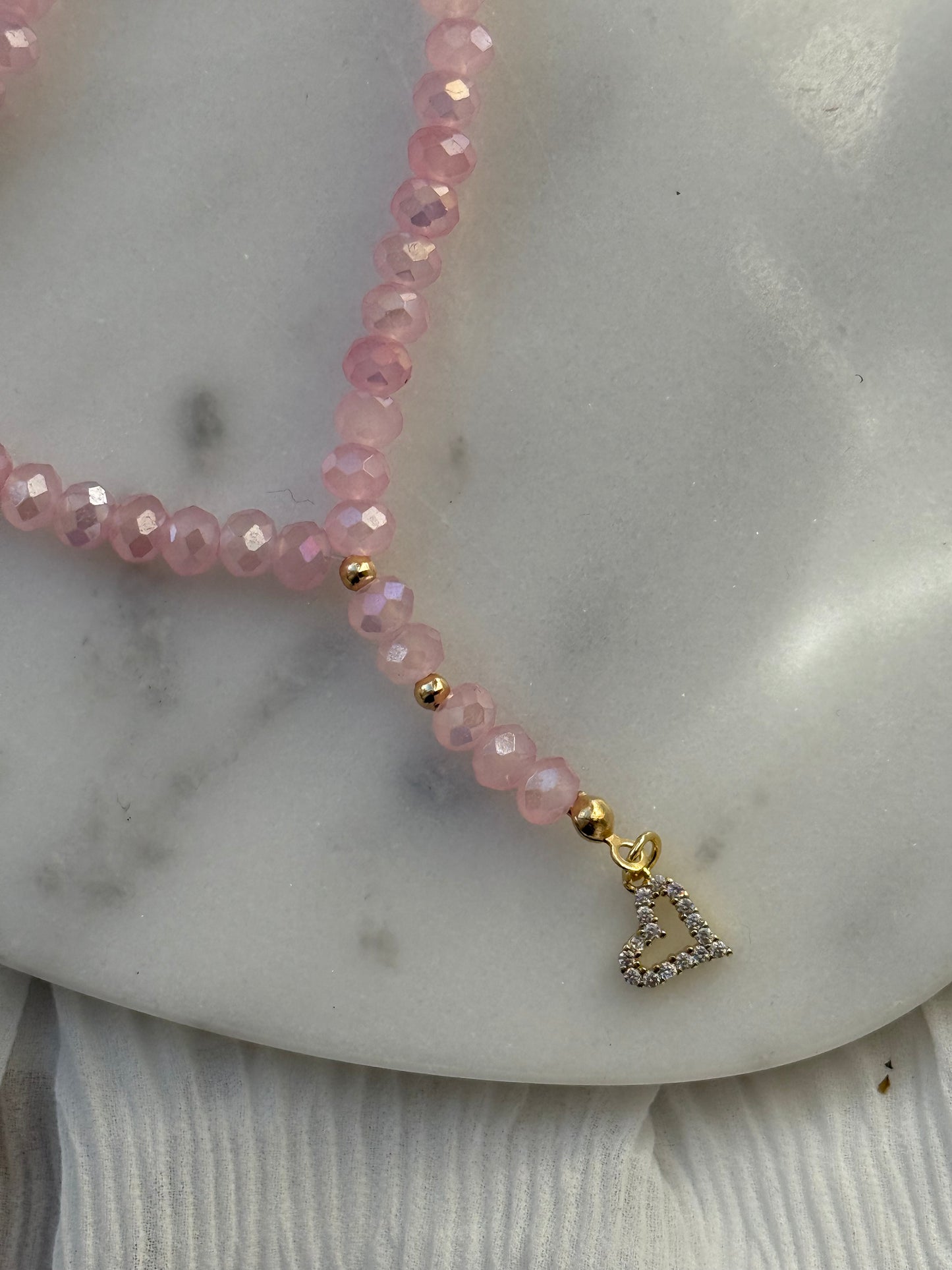 Tesbih mit Rosa Kristallperlen, Goldenen Details + Herz Anhänger - 11016
