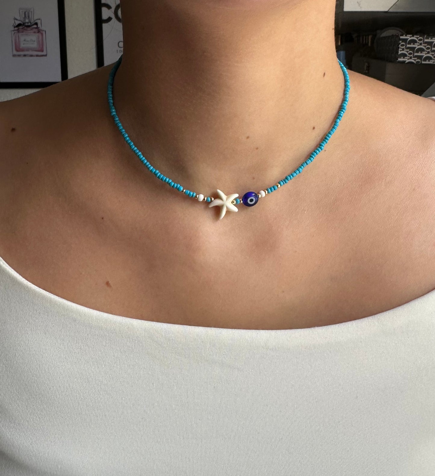Perlenkette mit Blauen Perlen und Nazar + Seestern Anhänger - 10128