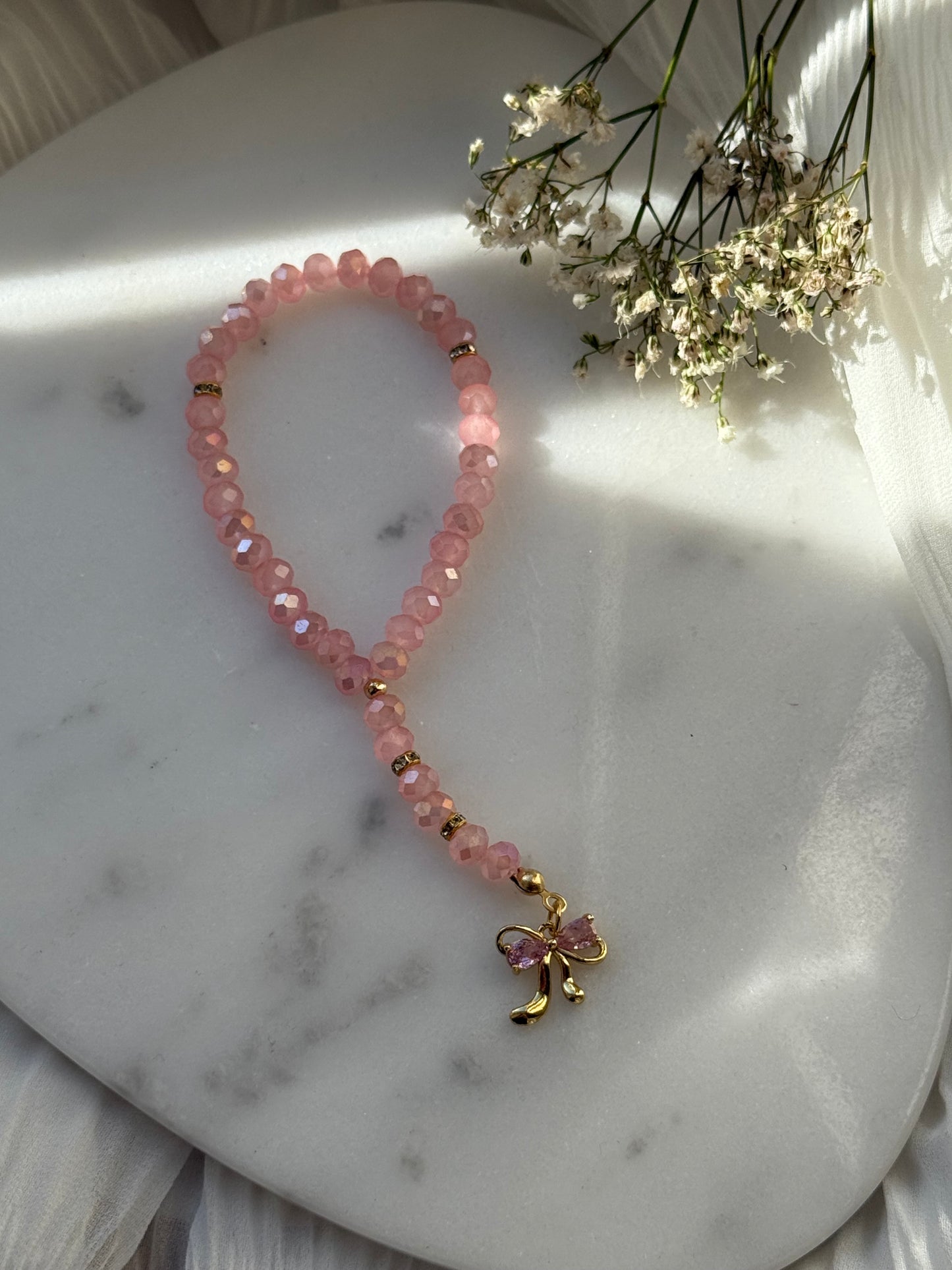 Tesbih mit Rosa Kristallperlen, Goldenen Details + Schleifen Anhänger - 11010