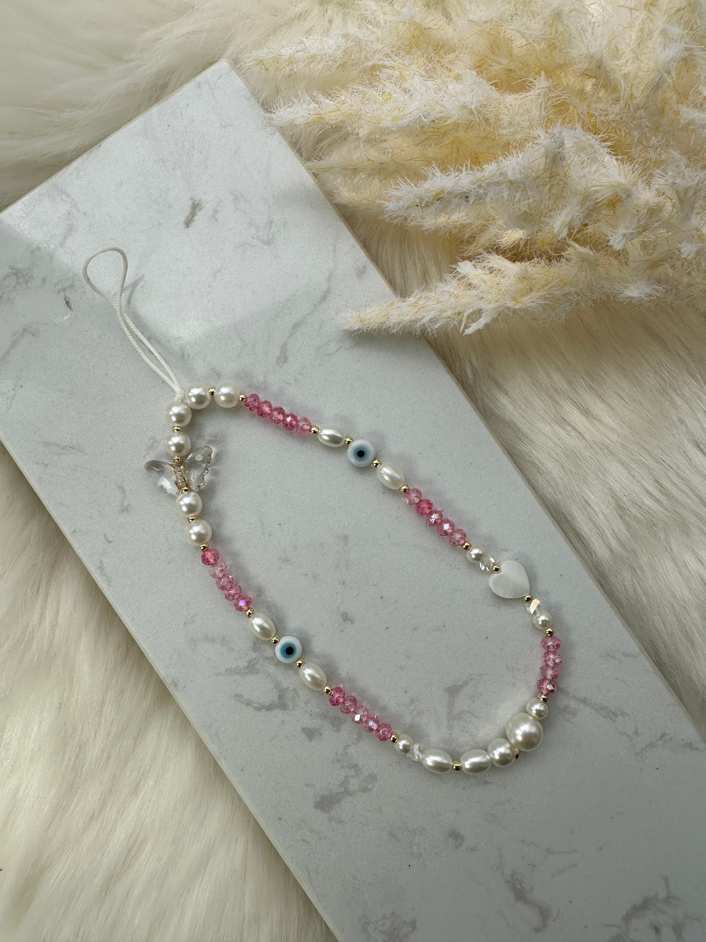 Handykette mit Rosa Kristallperlen und Nazar - 10084