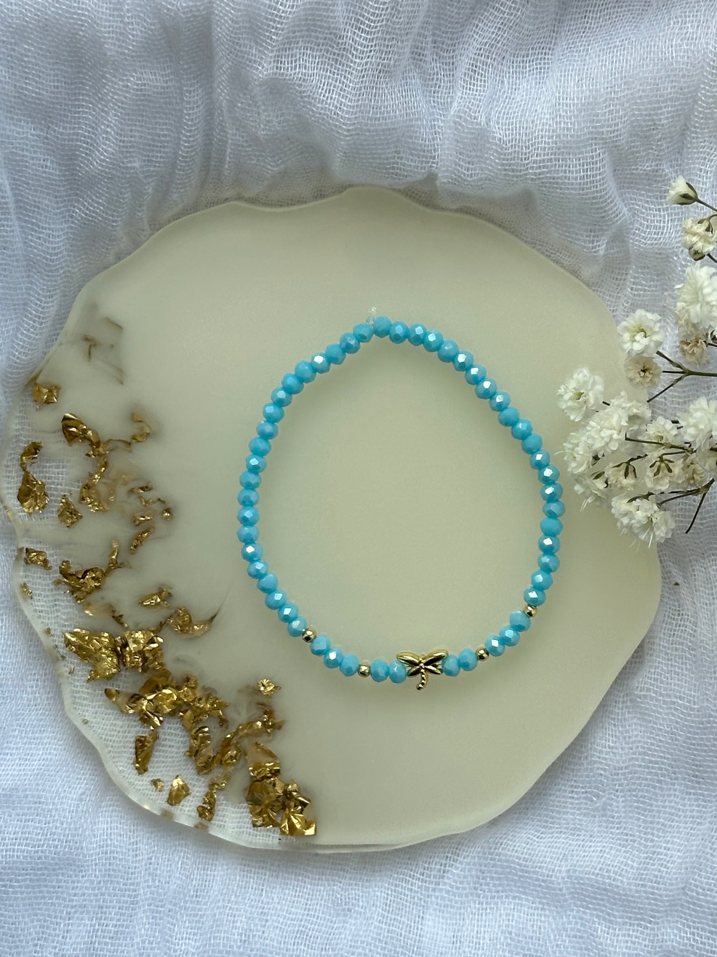 Perlenarmband mit Blauen Kristallperlen und Libellen Anhänger - 10500