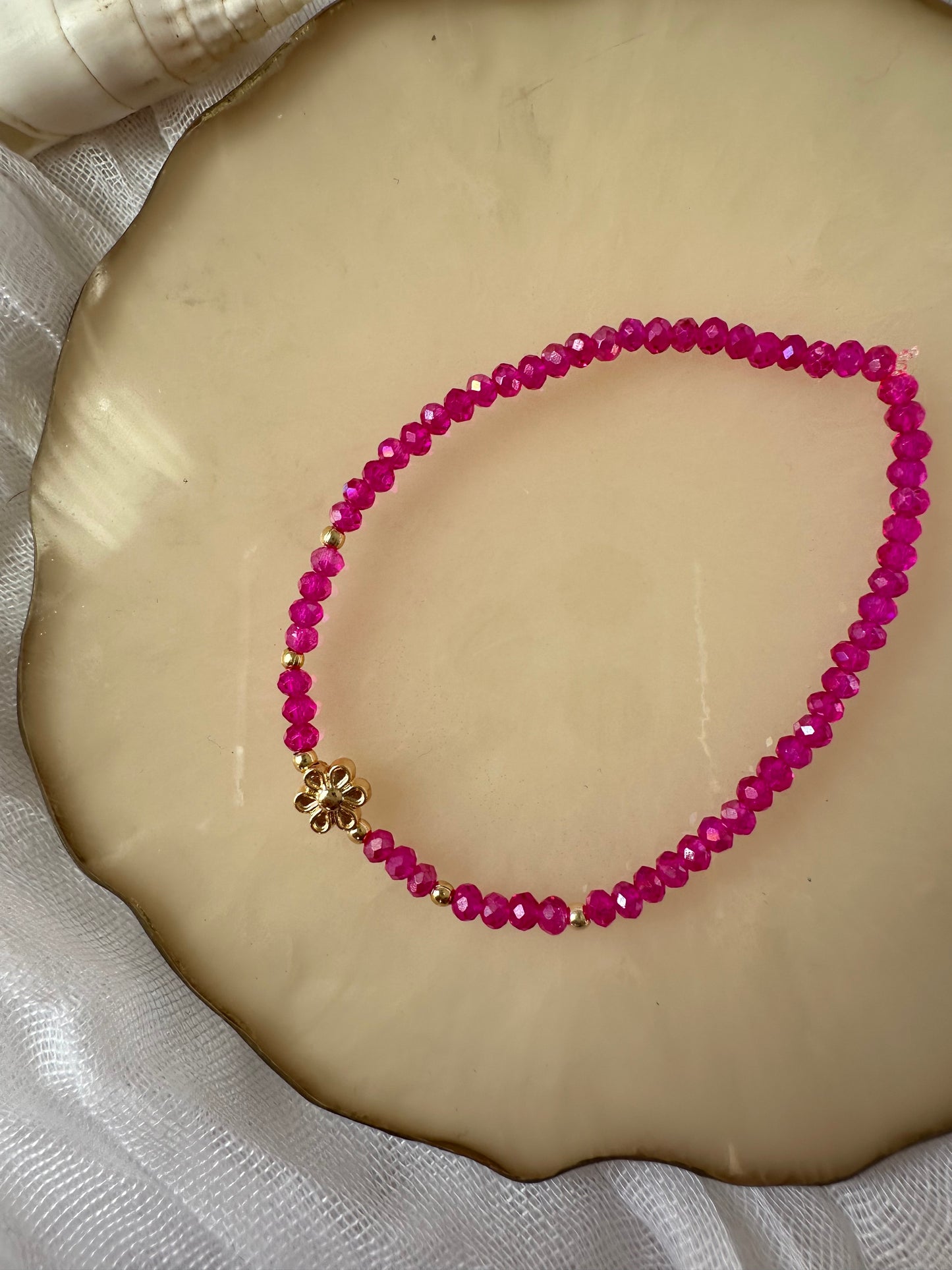 Perlenarmband pink mit Blumen Anhänger - 10319