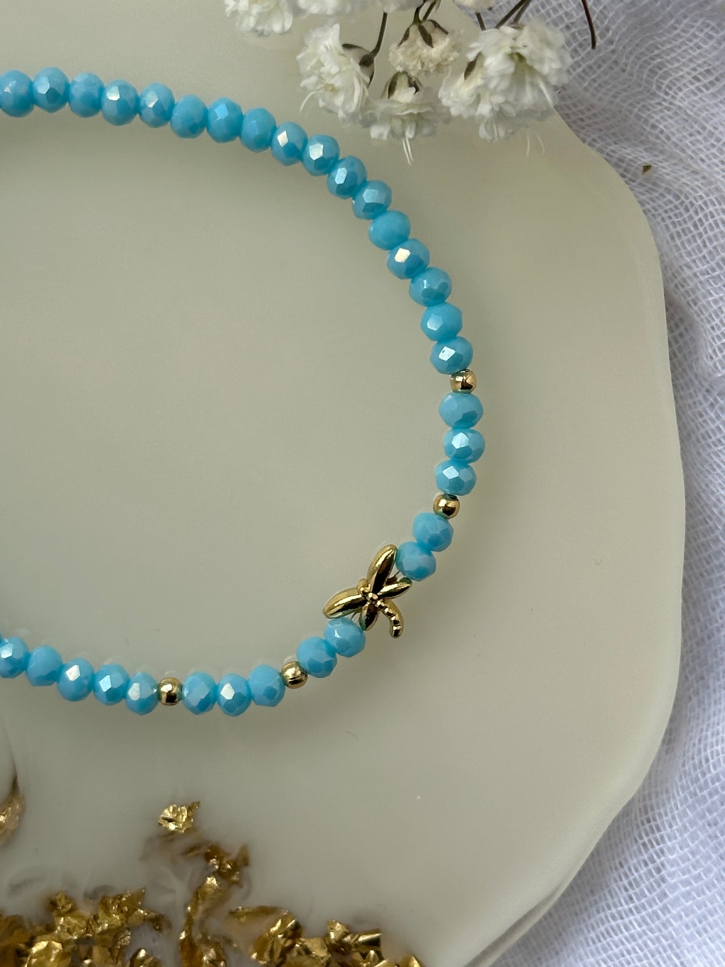 Perlenarmband mit Blauen Kristallperlen und Libellen Anhänger - 10500