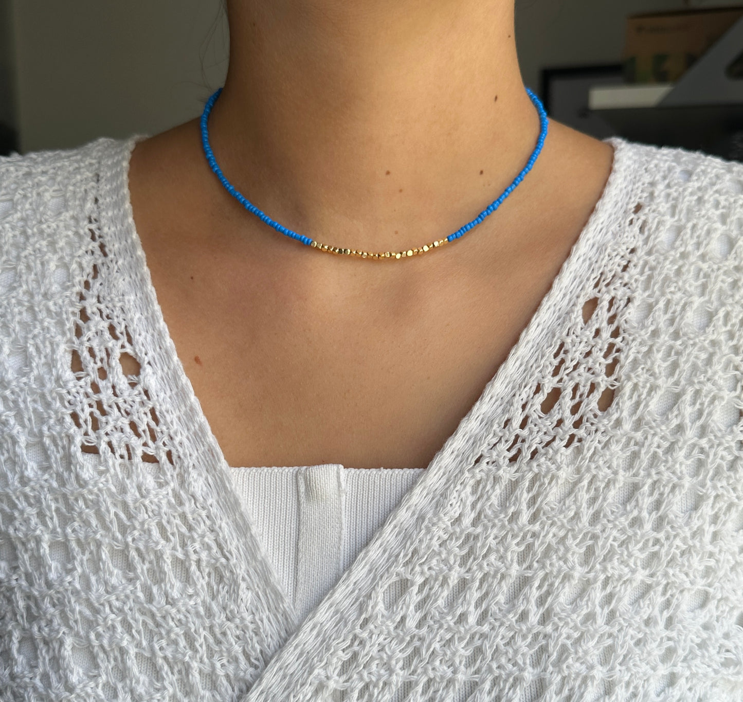 Perlenkette mit Blauen und Goldenen Perlen - 10136