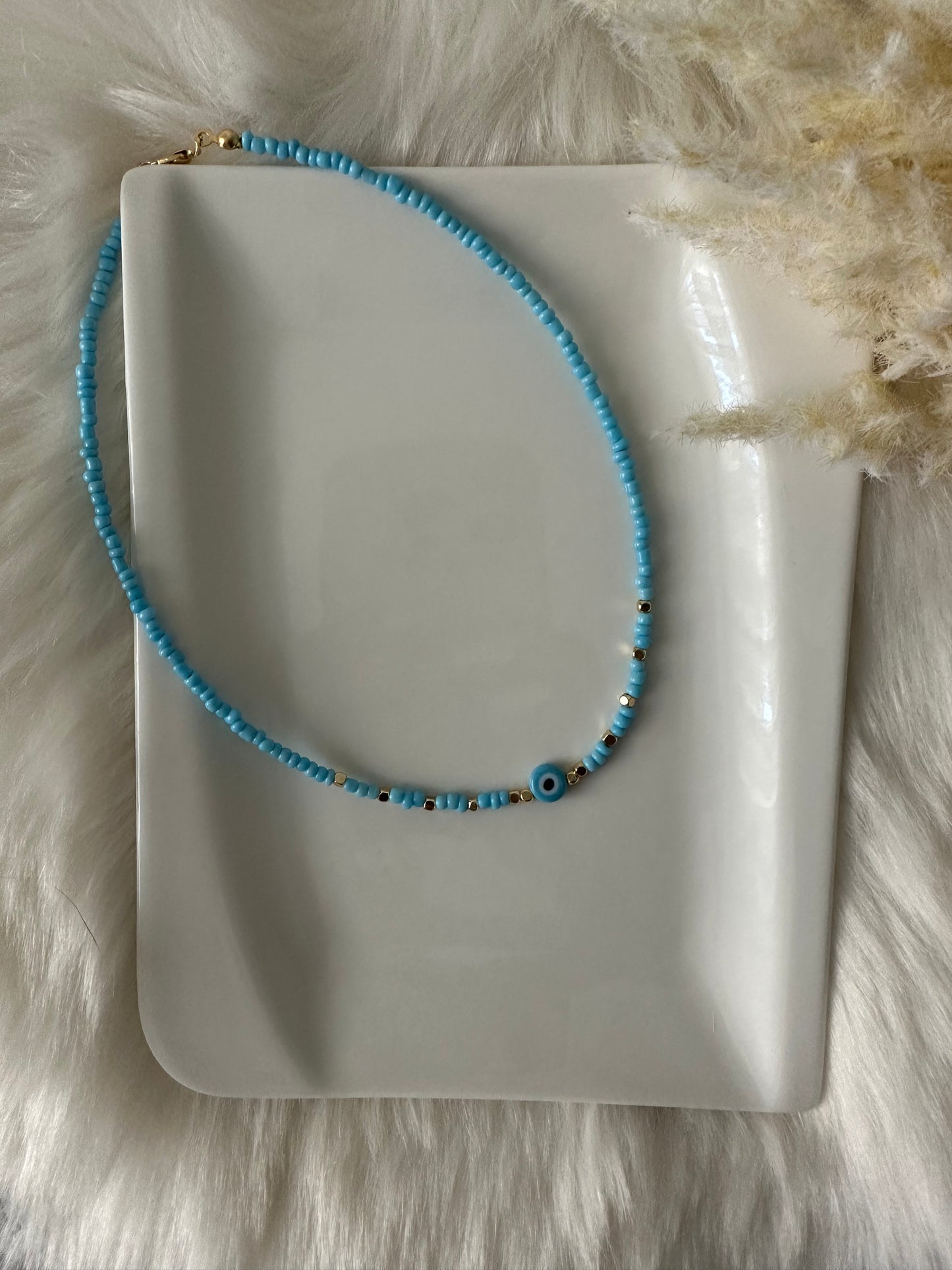 Perlenkette chocker blau mit Nazar - 10113