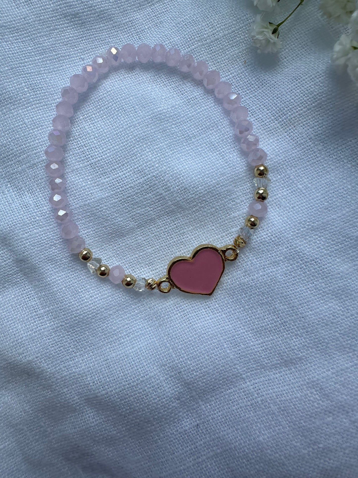 Perlenarmband mit Rosa Kristallperlen und Herz Anhänger - 10369