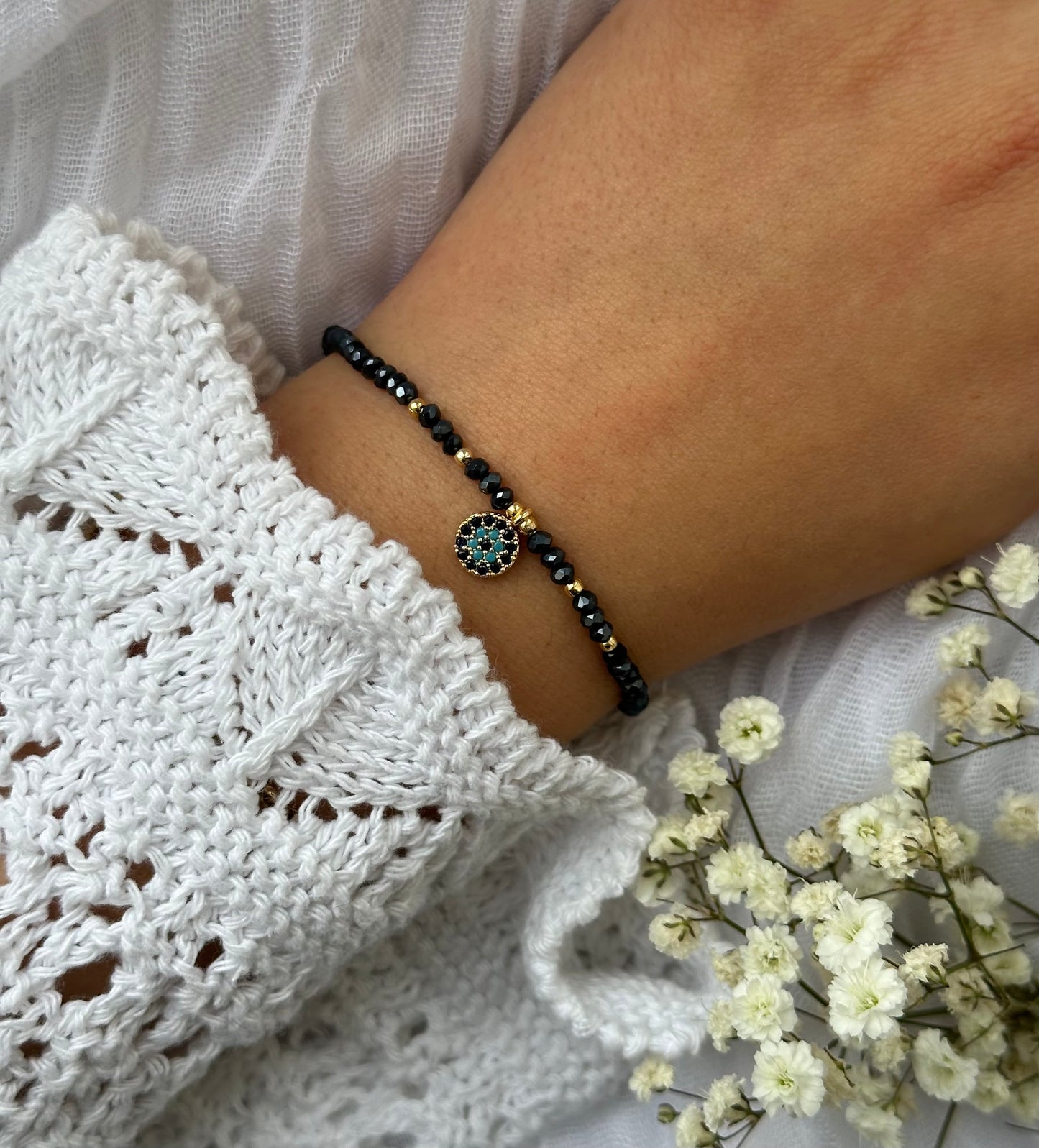 Perlenarmband mit Blauen Kristallperlen und Evil eye / Nazar Anhänger - 10527
