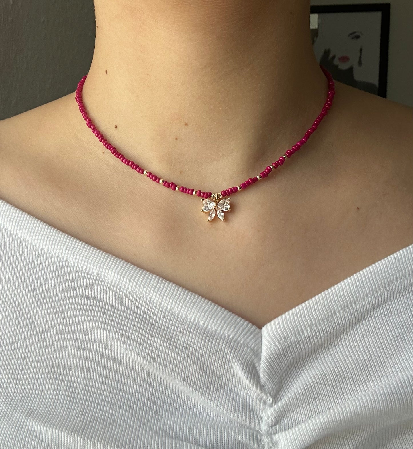 Perlenkette mit Pinken und Goldenen Perlen + Zirkonia Schleifen Anhänger - 10615
