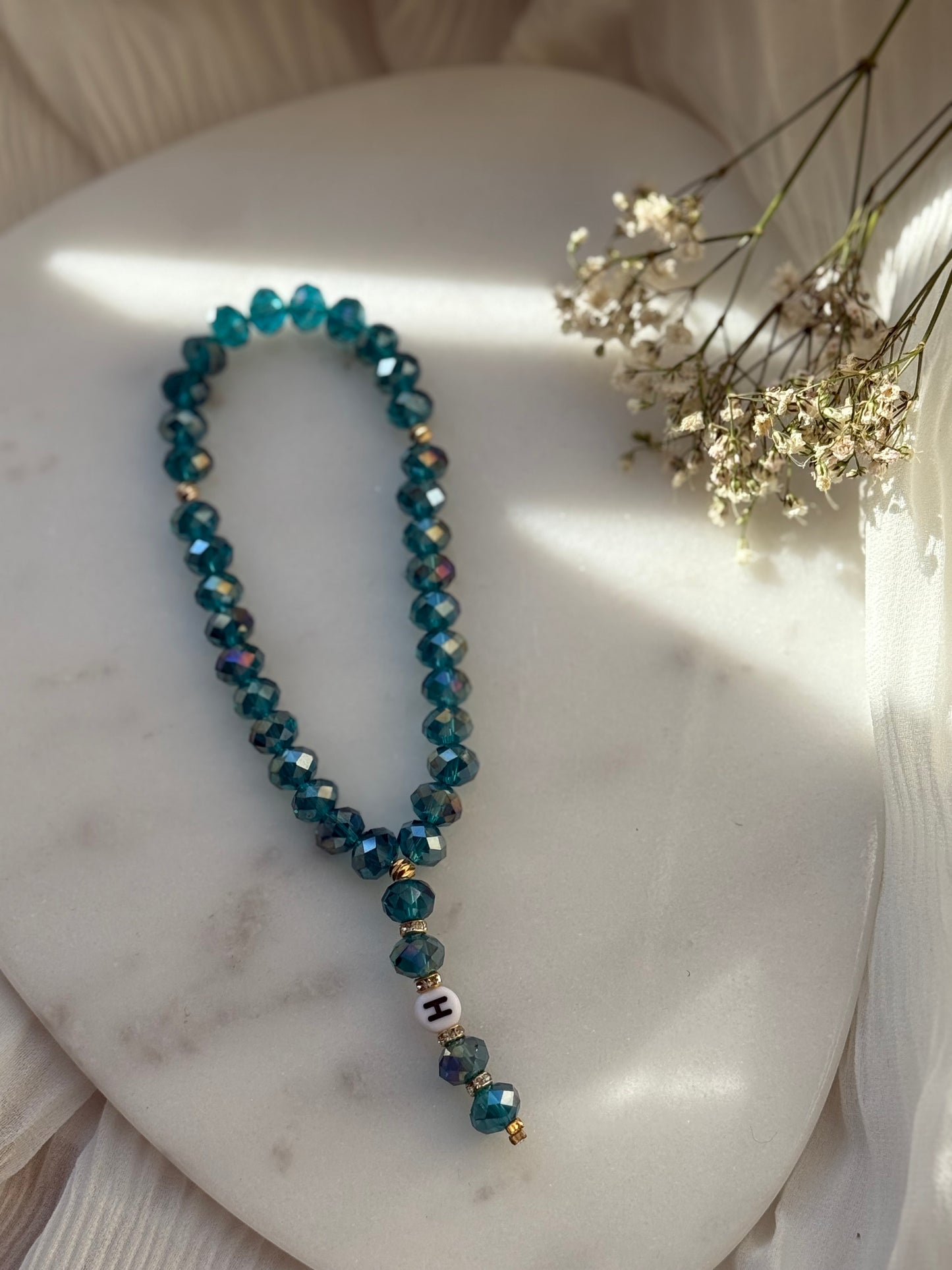 Tesbih personalisiert mit Blauen Kristallperlen, Goldenen Details - 11013