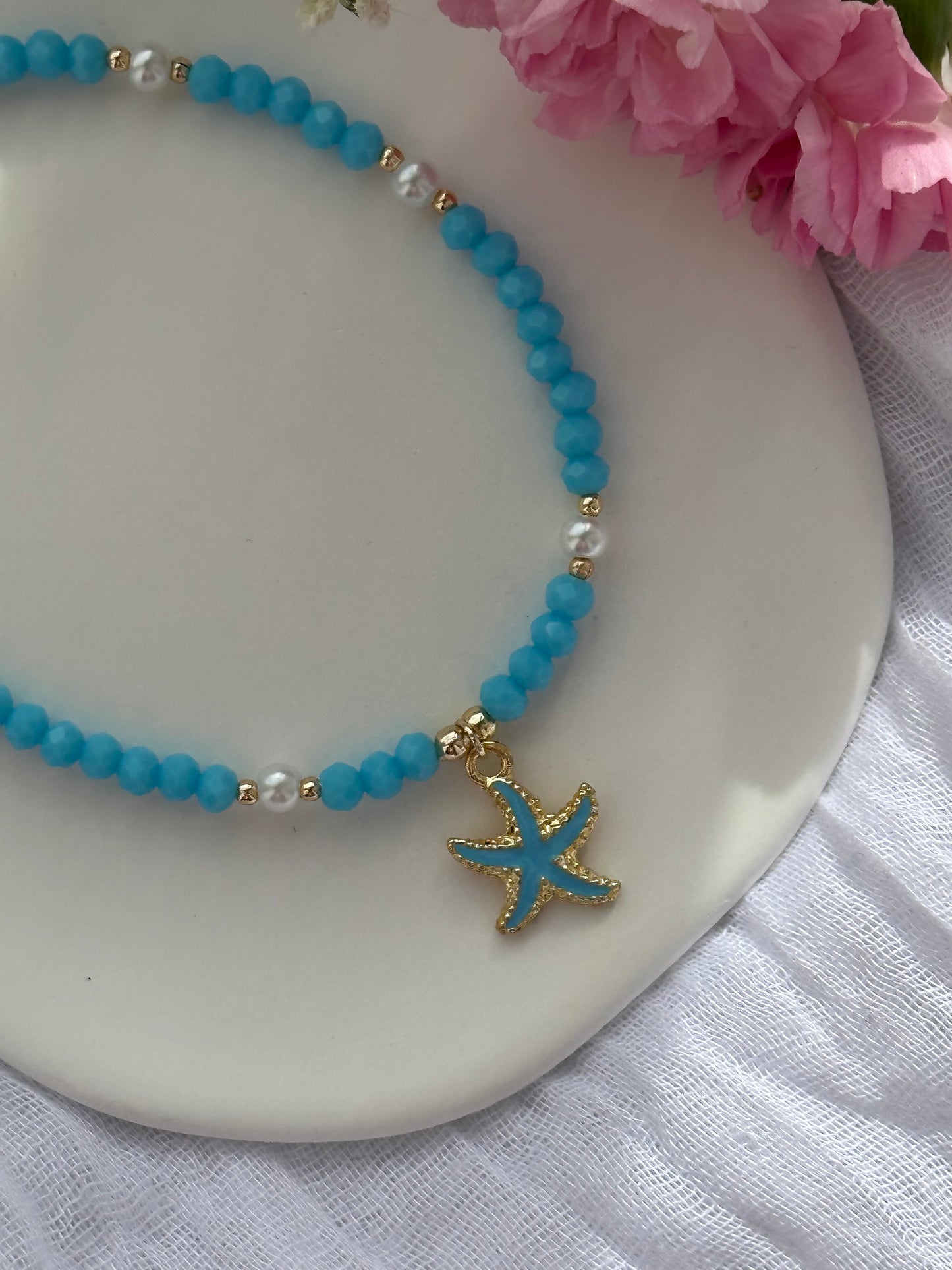 Fußkette mit Blauen Kristallperlen und Weißen Perlen + Seestern Anhänger - 10600