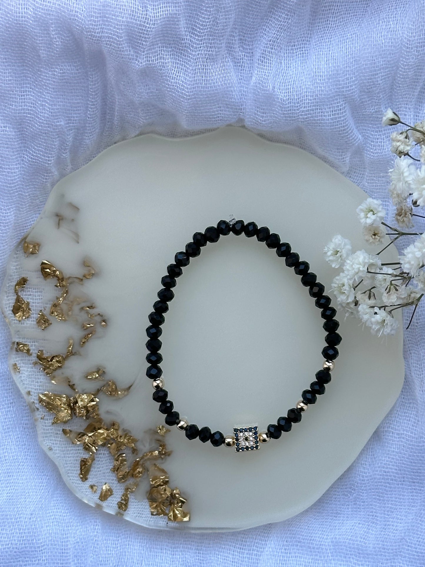 Perlenarmband mit Schwarzen Kristallperlen und Nazar / Evil eye Anhänger - 10507
