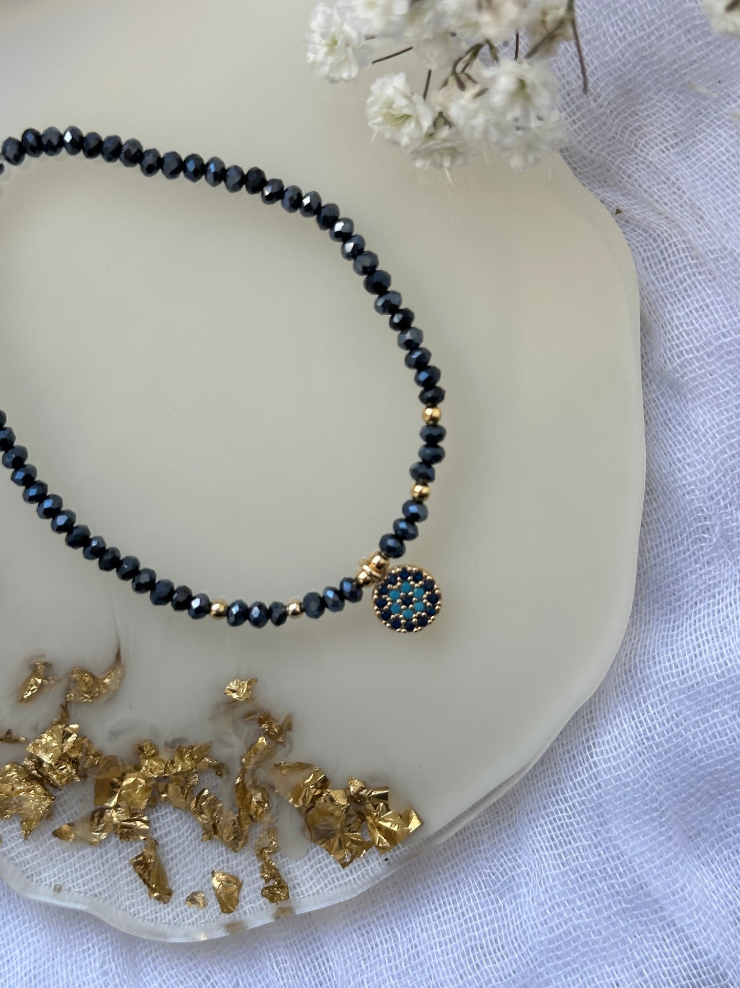 Perlenarmband mit Blauen Kristallperlen und Evil eye / Nazar Anhänger - 10527