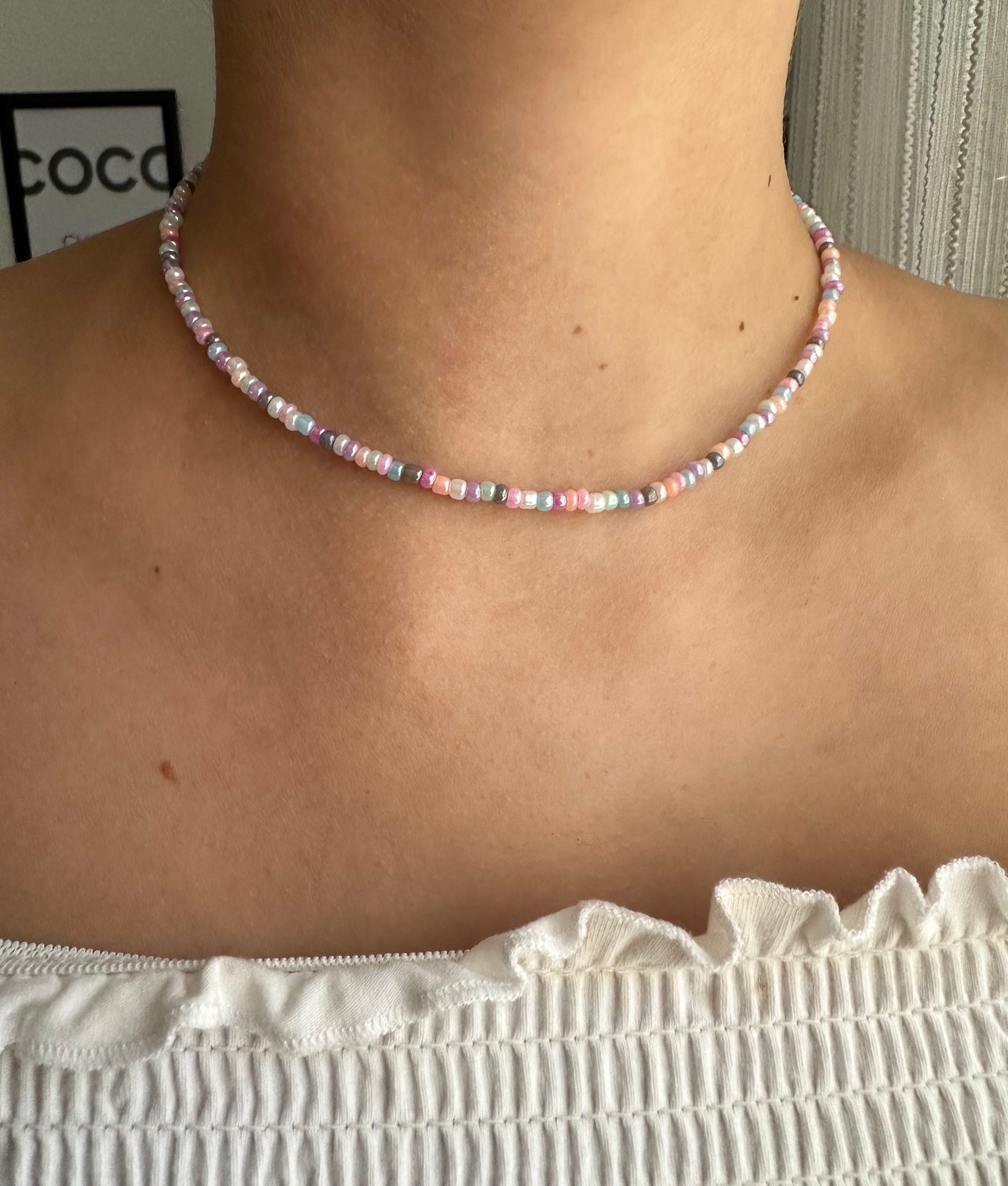 Perlenkette chocker mit Pastell Farbenen Perlen - 10214