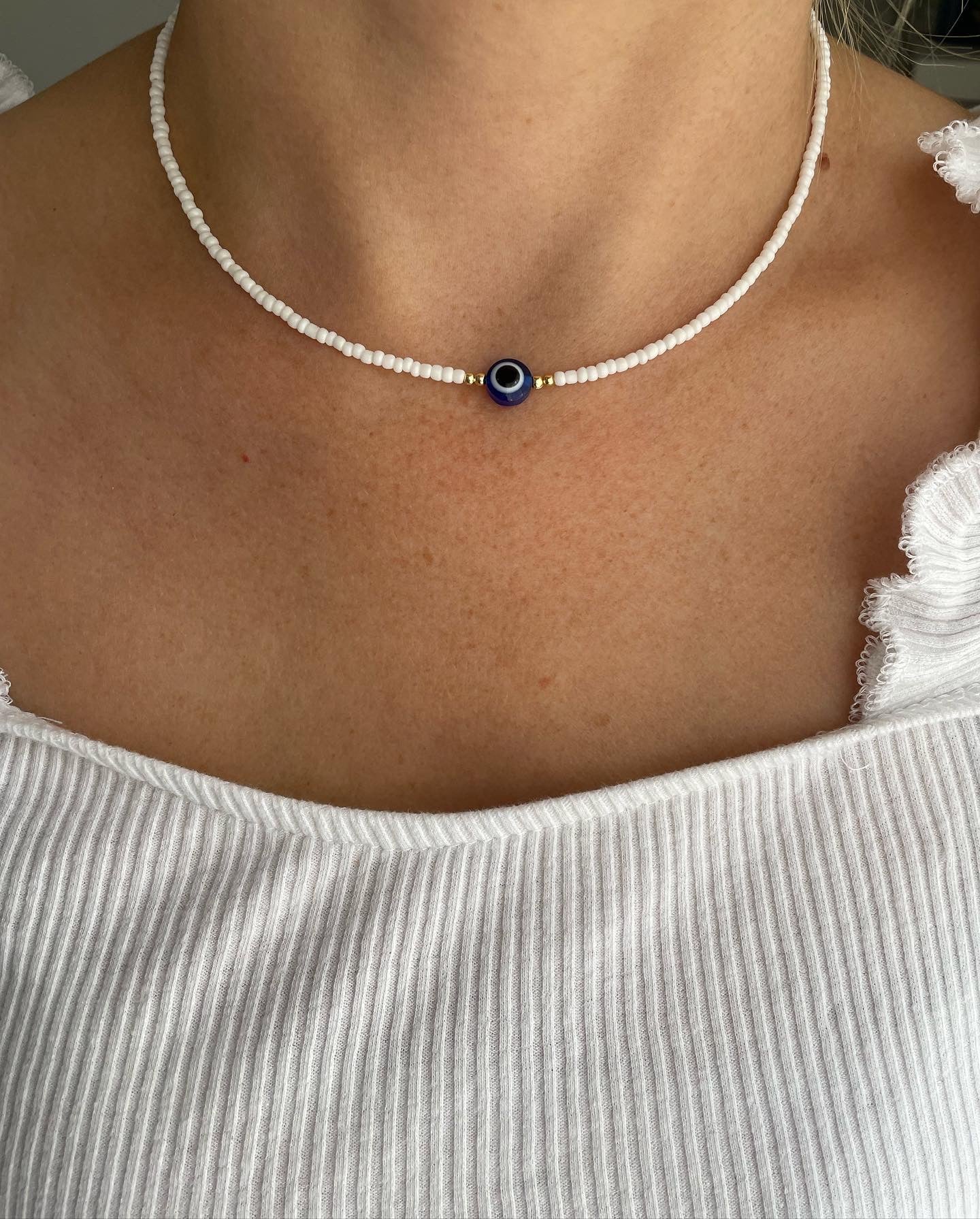 Perlenkette chocker weiß mit Nazar - 10206