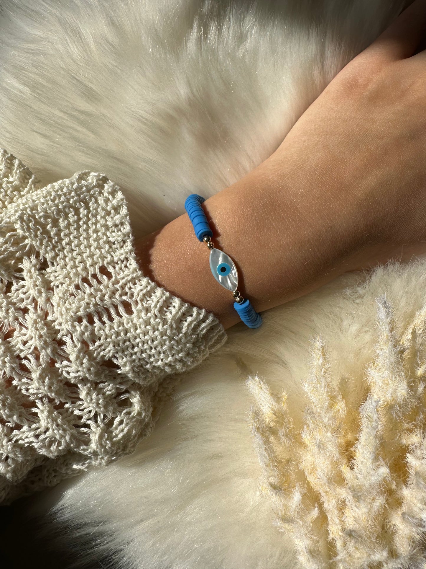 Fimo / Polymer Armband blau mit Ovalem Nazar - 10225