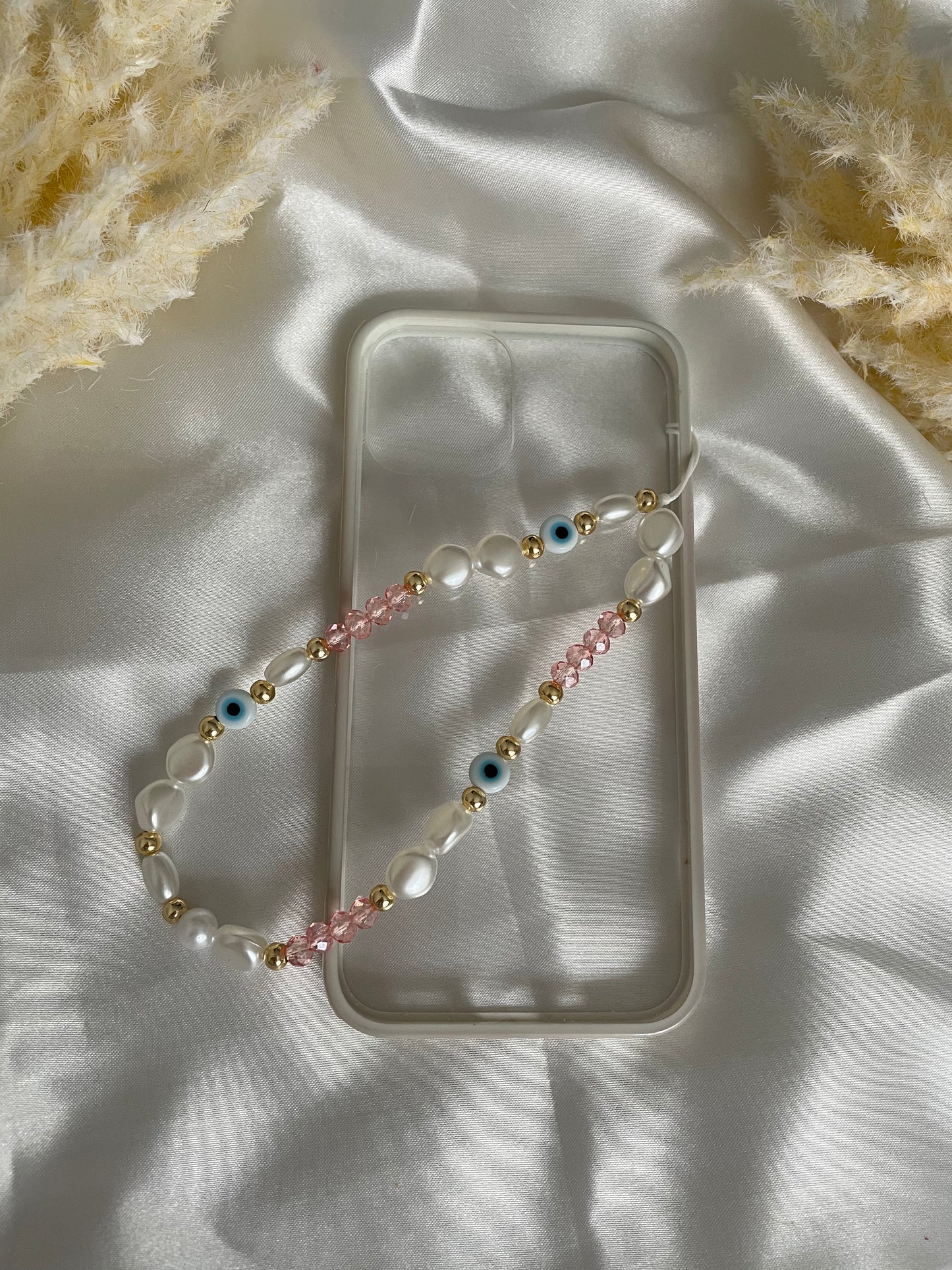 Handykette mit weißen und rosa Perlen und Nazar - 10080