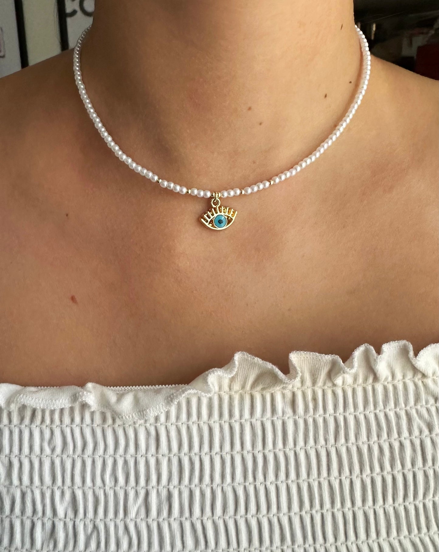 Perlenkette chocker weiß mit Nazar Anhänger - 10192