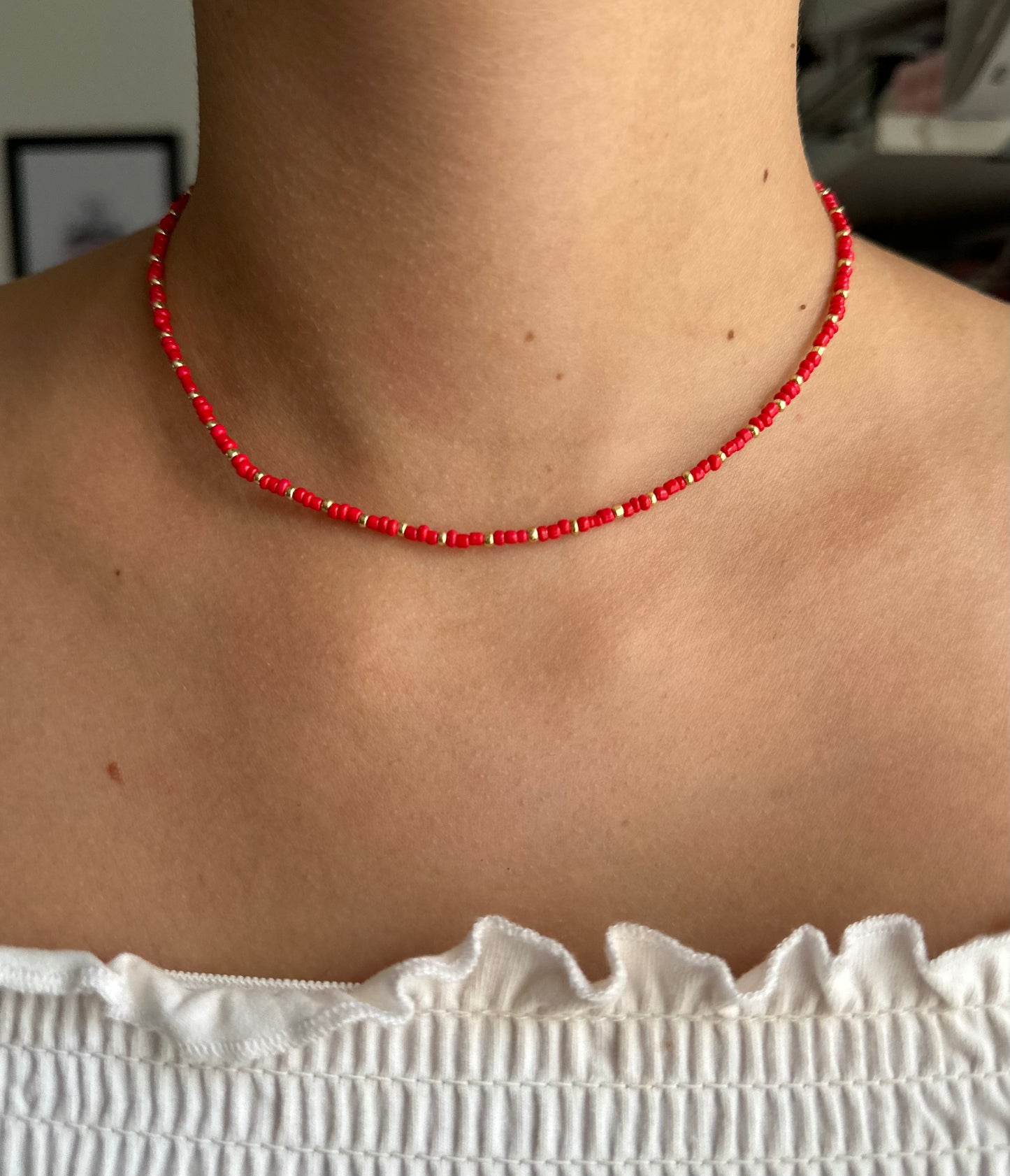 Perlenkette chocker mit roten und Goldenen Perlen - 10106