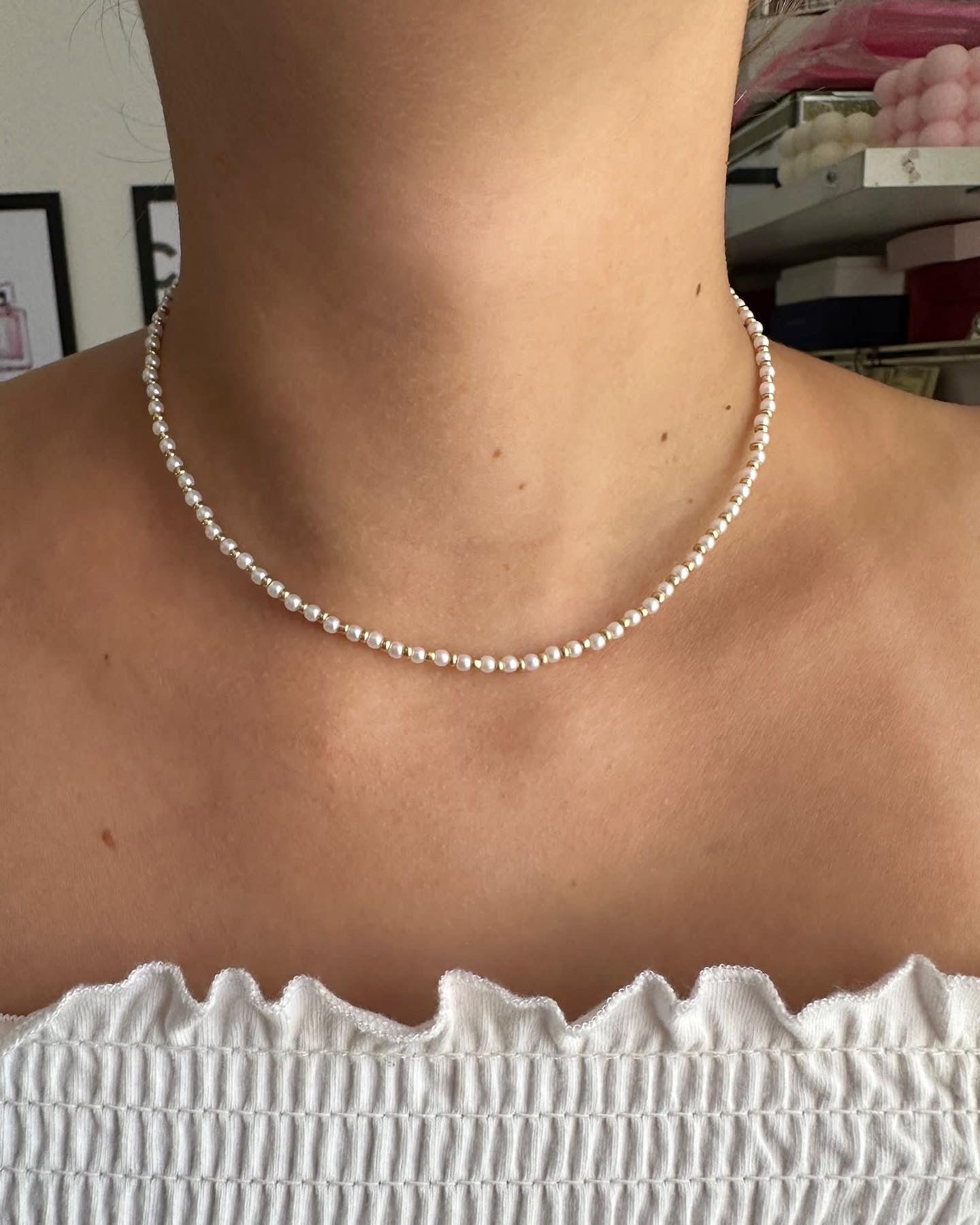 Perlenkette chocker weiß + gold - 10219