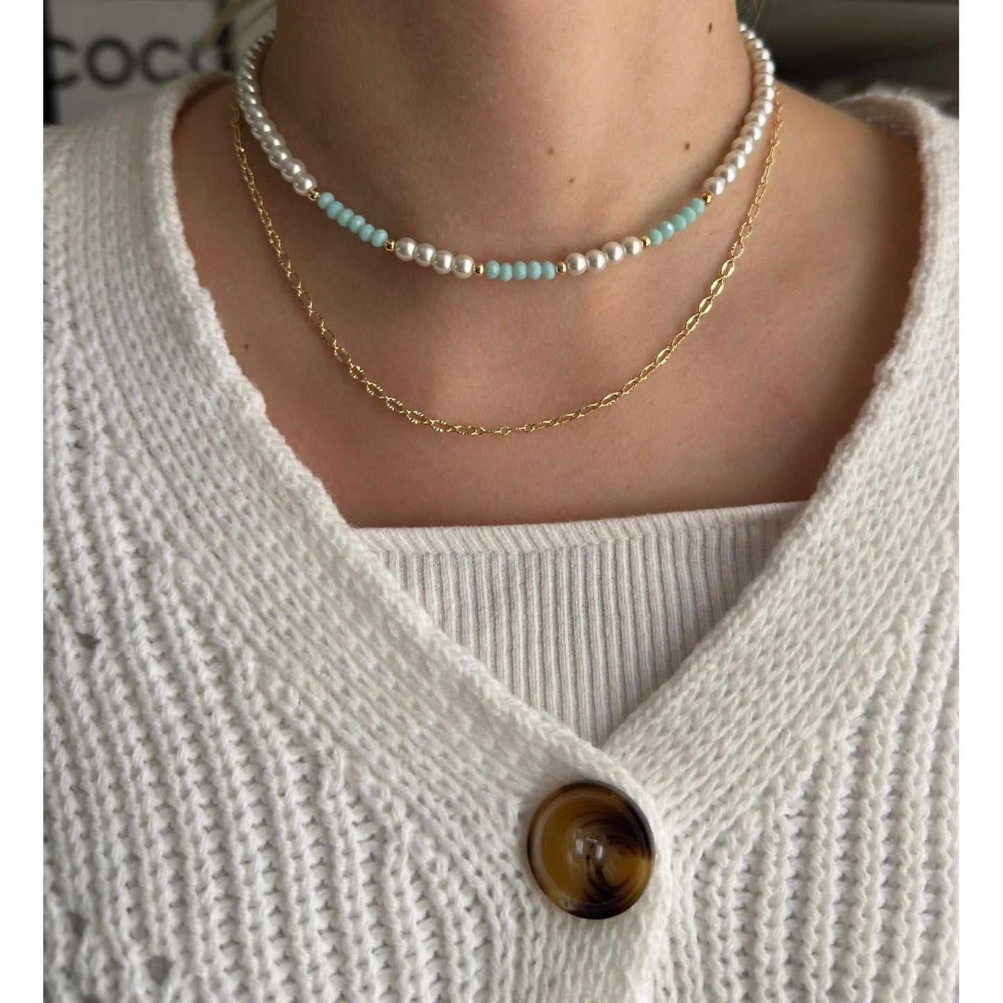 Perlenkette chocker mit weißen, Gold und Türkisen Perlen - 10101