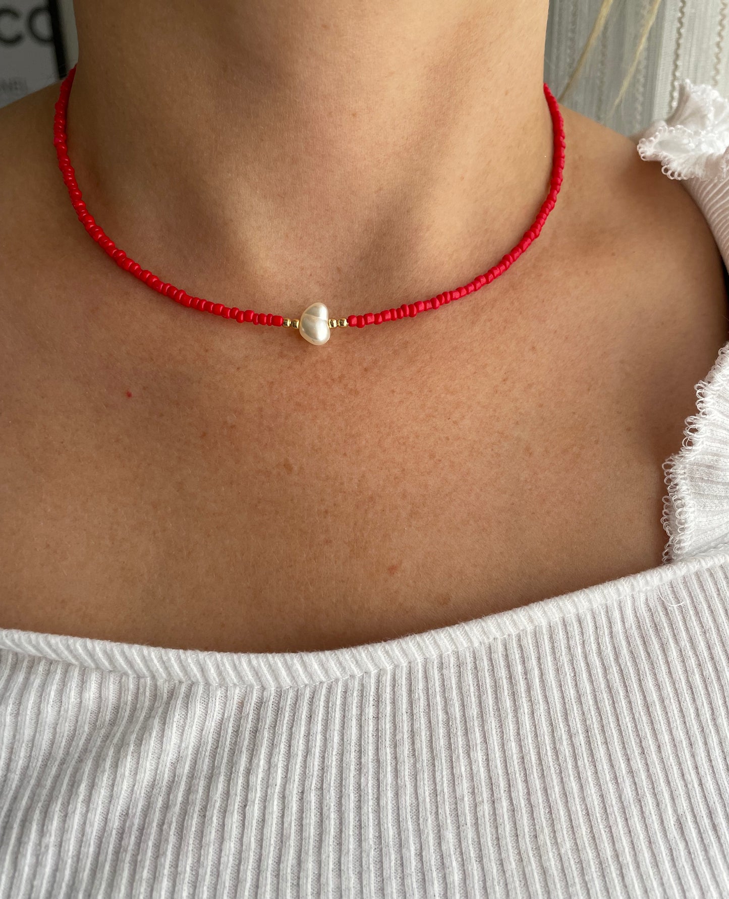 Perlenkette chocker rot mit weißer Perle - 10105