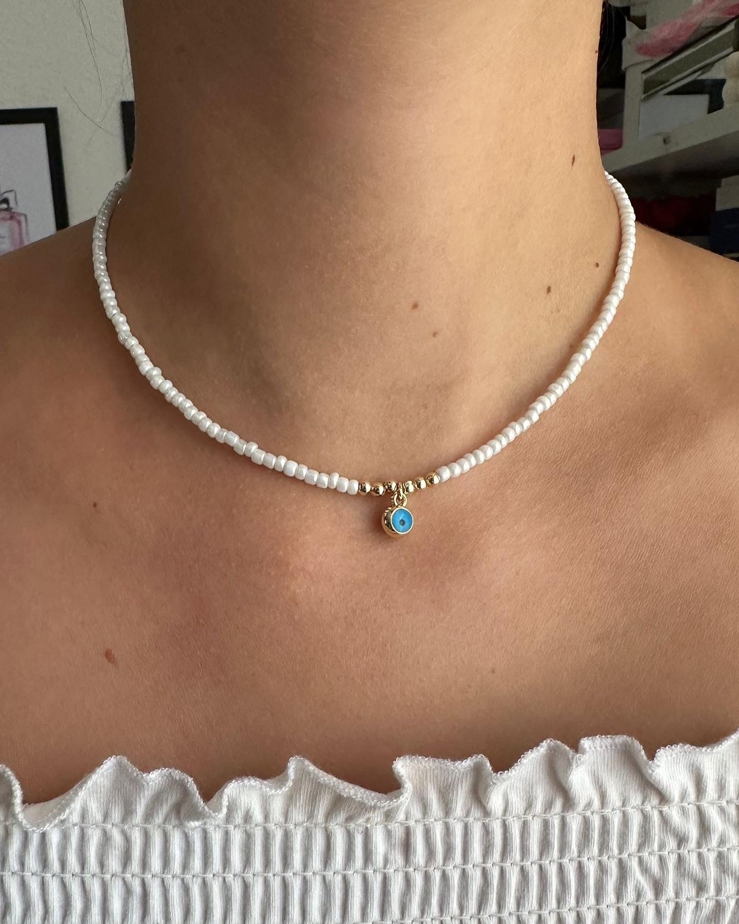 Perlenkette chocker weiß mit Nazar Anhänger - 10177