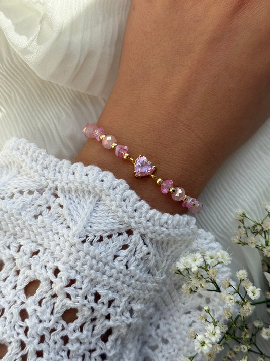 Perlenarmband mit Rosa Kristallperlen, Goldenen Perlen + Zirkonia Herz Anhänger - 10963