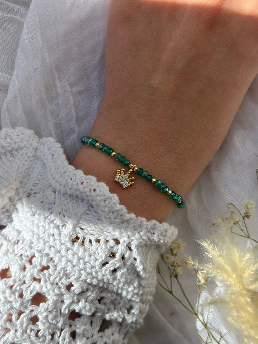 Perlenarmband mit Grünen Kristallperlen + Kronen Anhänger - 10678