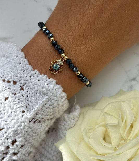 Perlenarmband mit Blauen Kristallperlen und Goldenen Perlen + Fatimas Hand Anhänger - 10872