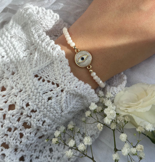 Perlenarmband mit Beigen Kristallperlen + Nazar Anhänger - 10550
