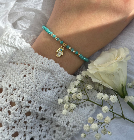 Perlenarmband mit Türkisen Kristallperlen und Fatimas Hand Anhänger - 10554