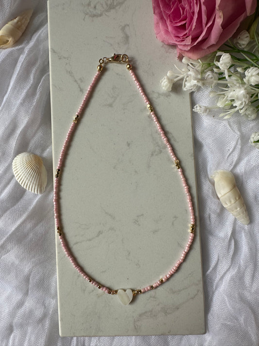 Perlenkette mit Rosa und Goldenen Perlen und Perlmutt Herz - 10168