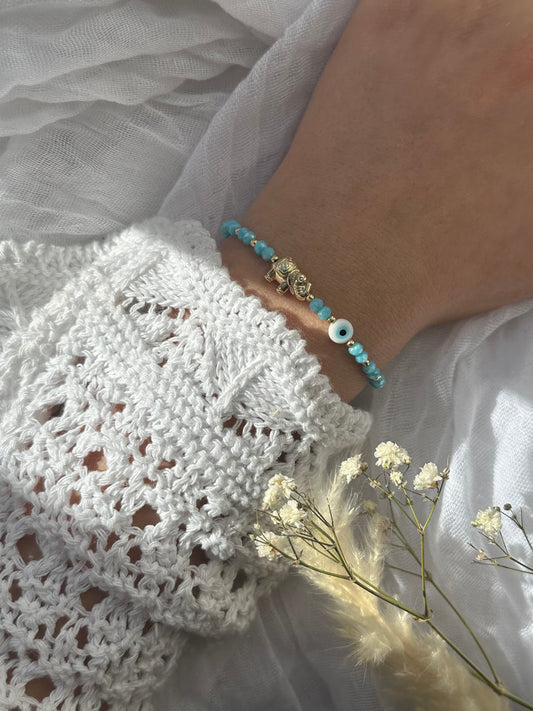 Perlenarmband mit Blauen Kristallperlen und Elefanten + Nazar Anhänger - 10671