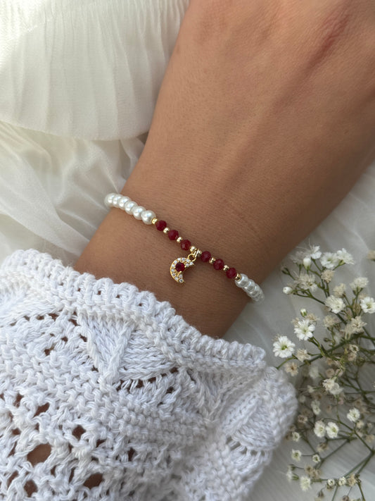 Perlenarmband mit Weißen Glasperlen, Roten Kristallperlen, Goldenen Perlen + Mond Anhänger - 10967