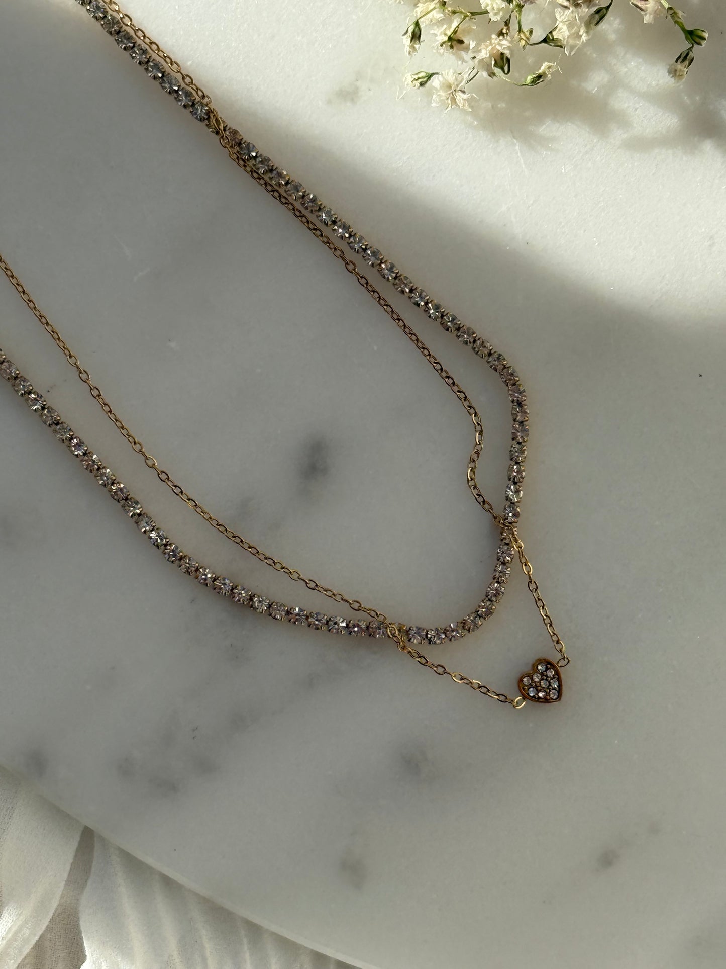 Halskette Edelstahl Zirkonia Heart Doppelkette - 11045