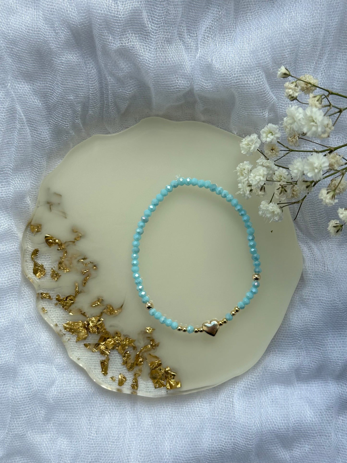Perlenarmband mit Blauen Kristallperlen und Herz Anhänger - 10515
