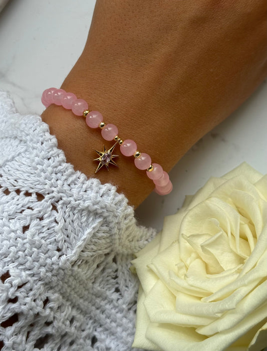Perlenarmband mit Rosa Glasperlen und Goldenen Perlen + Stern Anhänger - 10891