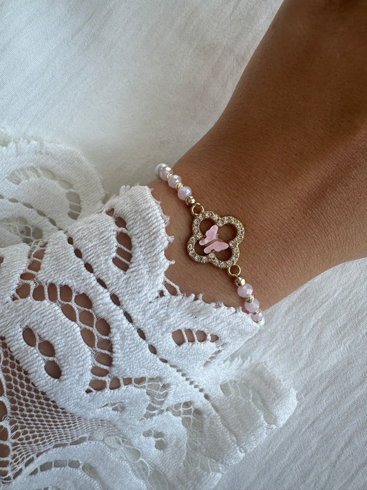Perlenarmband mit Weißen Glasperlen und Rosa Kristallperlen + Schmetterling Anhänger - 10379